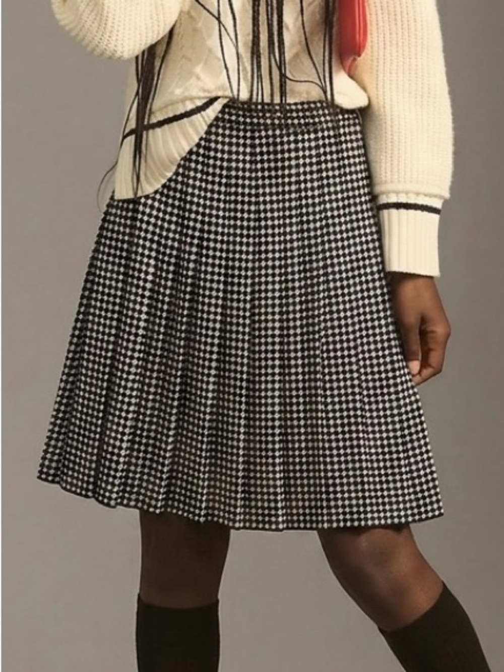 Vintage 70s Houndstooth Pleated Wool Midi Skirt Black White Handmade Lined Sz S - Picture 6 of 13